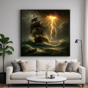 Barco en tormenta eléctrica - Arte de estilo impre