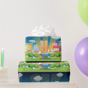 Barco Espacial En El Papel De Envoltura De La Ciud