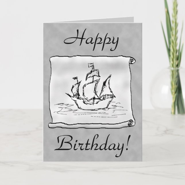 Barco pirata. Voluta gris. Tarjeta de cumpleaños. (Anverso)