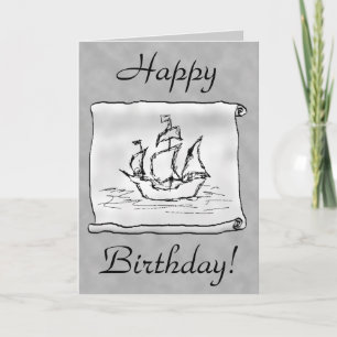 Barco pirata. Voluta gris. Tarjeta de cumpleaños.