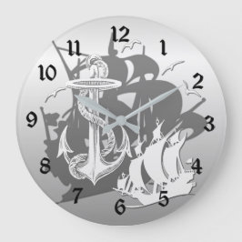 Barco pirata y reloj de pared de silueta blanca de