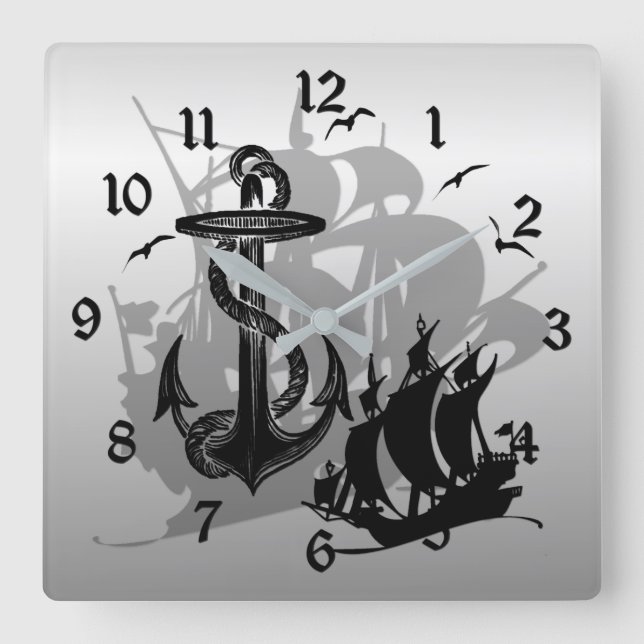 Barco pirata y reloj de pared de silueta negra (Anverso)
