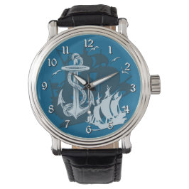 Barco pirata y reloj de silueta blanca de anclaje