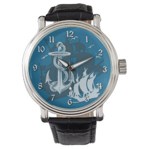 Barco pirata y reloj de silueta blanca de anclaje