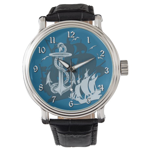 Barco pirata y reloj de silueta blanca de anclaje (Anverso)