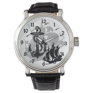 Barco pirata y reloj negro de silueta