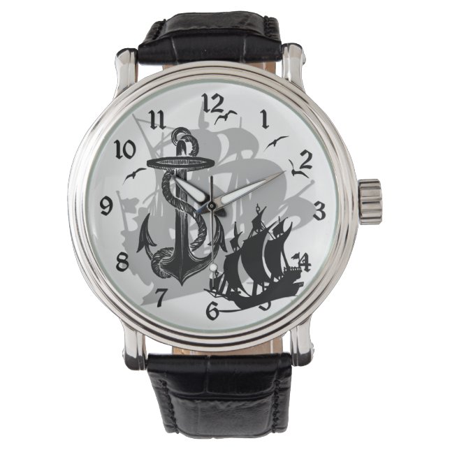 Barco pirata y reloj negro de silueta (Anverso)