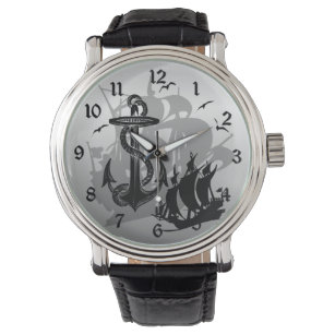 Barco pirata y reloj negro de silueta de anclaje 2