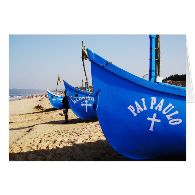 Barcos azules en la playa de Candolim Goa India (Anverso (Horizontal))
