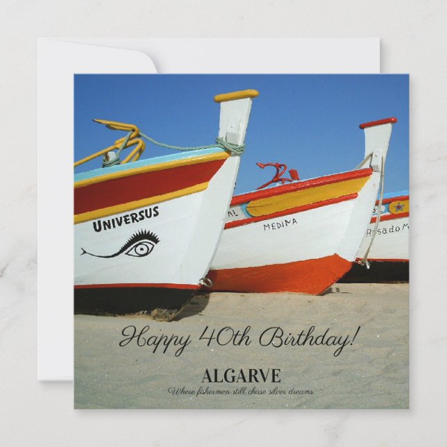 Barcos de pesca en la foto de playa del Algarve (Anverso)