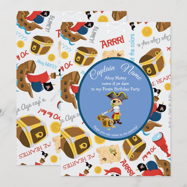 Barcos y Tesoros  Invitación de Pirata a la Fiesta (Anverso / Reverso)