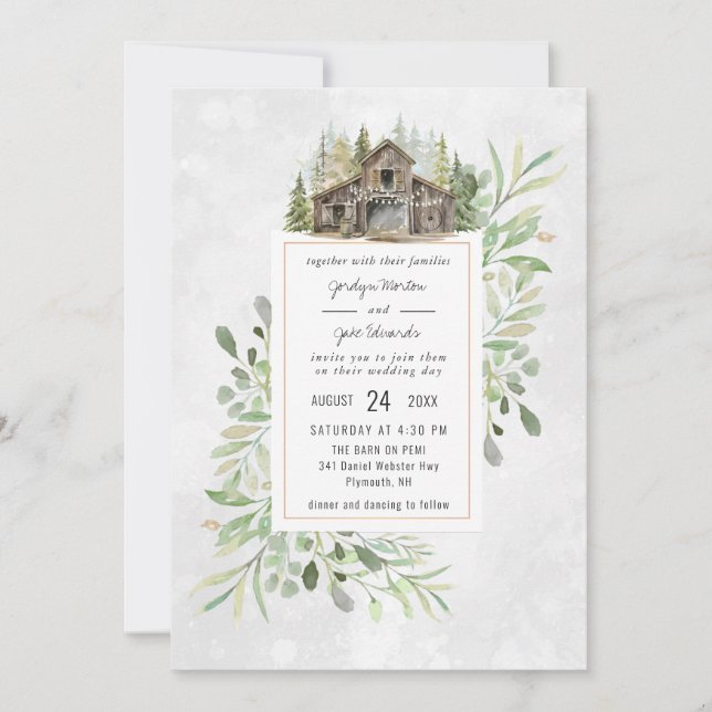 Barn elegante | Invitación a la boda acuarela (Anverso)