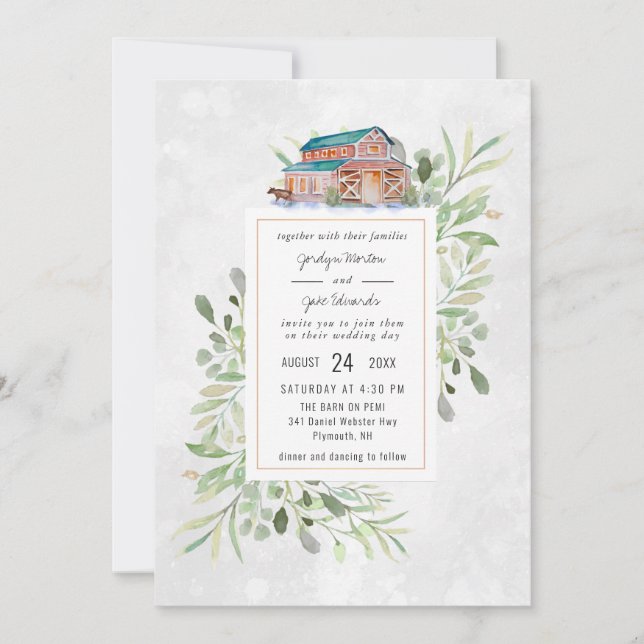 Barn elegante | Invitación a la boda acuarela (Anverso)
