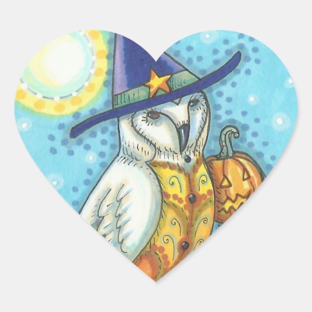 BARN OWL FOLK ART, HALLOWEEN BIRD PEGATINAS Heart (Anverso)