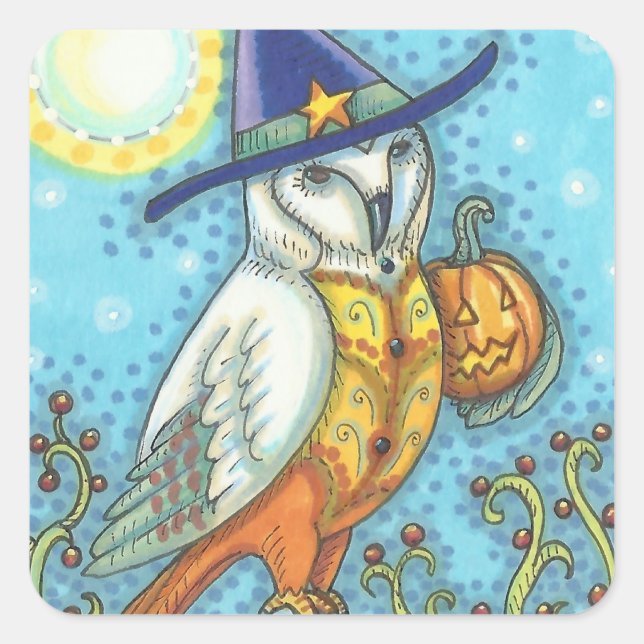BARN OWL FOLK ART, HALLOWEEN BIRD PEGATINAS Square (Anverso)