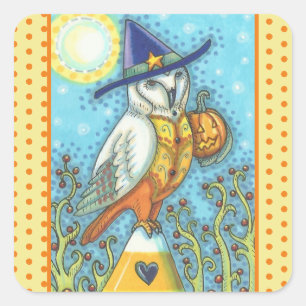 BARN OWL FOLK ART, HALLOWEEN BIRD PEGATINAS Square