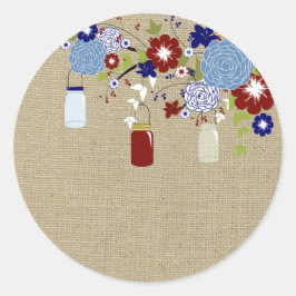 Barn Red and Blue Mason Jar Faux Burlap Pegatina