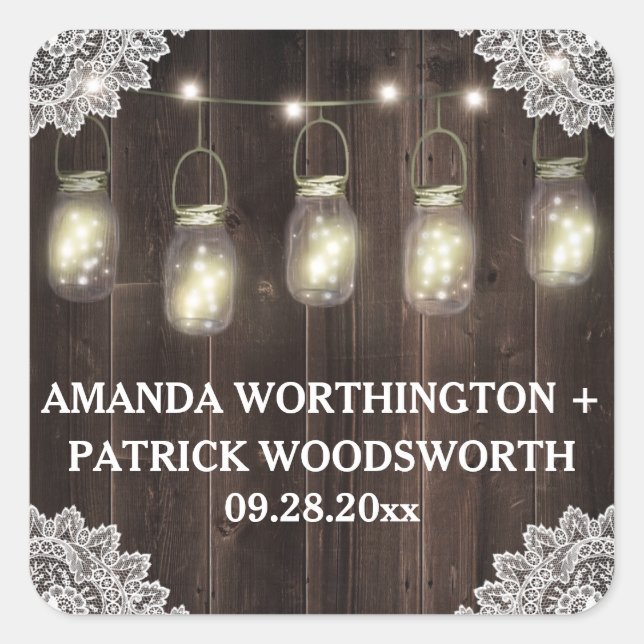 Barn Wood Lace Mason Jar Boda Favor Pegatinas (Anverso)