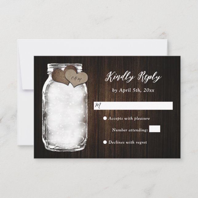 Barn Wood Mason Jar Luz Boda Tarjeta RSVP (Anverso)