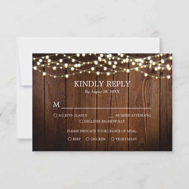 Barn Wood String ilumina la tarjeta RSVP de matrim (Anverso)