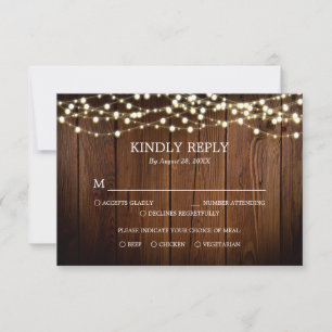 Barn Wood String ilumina la tarjeta RSVP de matrim