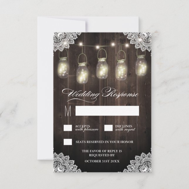 Barn Wood y Lace Mason Jar Wedding Tarjetas RSVP (Anverso)
