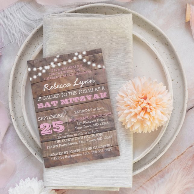 Barnwood Ilumina Bat rosa Invitación Mitzvah (Subido por el creador)