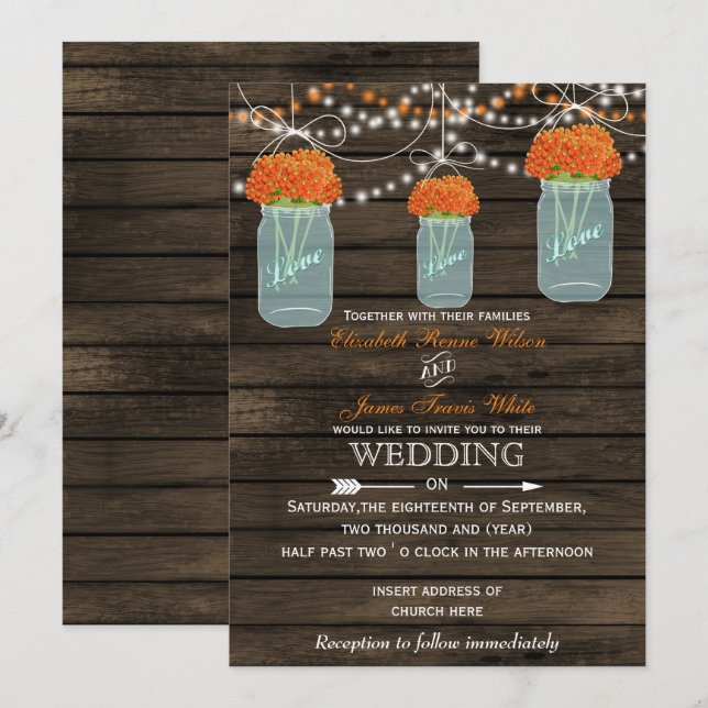 Barnwood, invitaciones a bodas con jarros de naran (Anverso / Reverso)