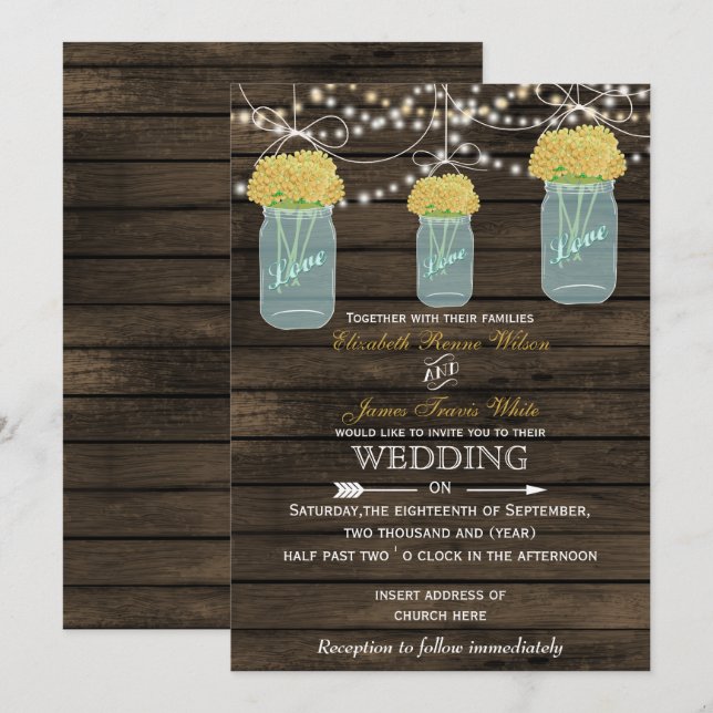 Barnwood, invitaciones a bodas en frasco de masón  (Anverso / Reverso)