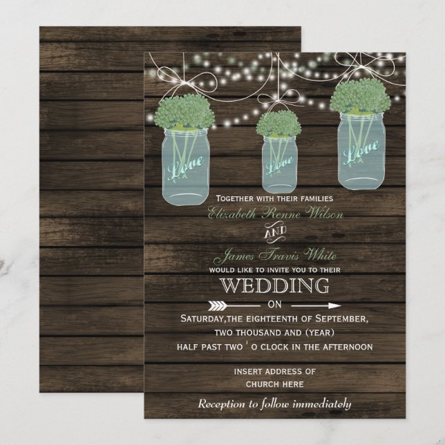 Barnwood, invitaciones a bodas en frasco de masón  (Anverso / Reverso)