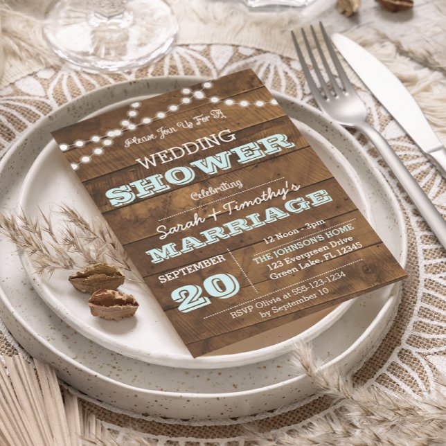 Barnwood Luces Aqua Wedding Party Sm Invitación (Subido por el creador)