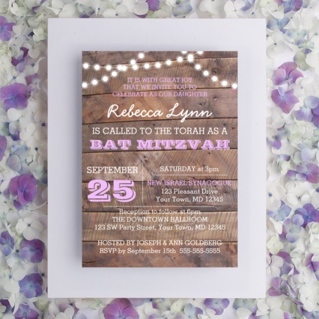 Barnwood Luces Lilac Bat Mitzvah Invitación (Subido por el creador)