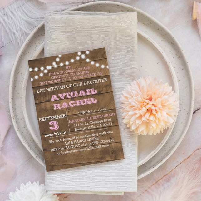 Barnwood Luces Rosa B"H Bat Mitzvah Invitación (Subido por el creador)