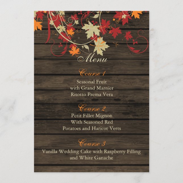 Barnwood Rustic, otoño deja tarjetas de menú boda (Anverso)