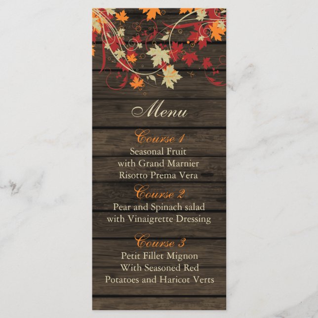 Barnwood Rustic, otoño deja tarjetas de menú boda (Anverso)