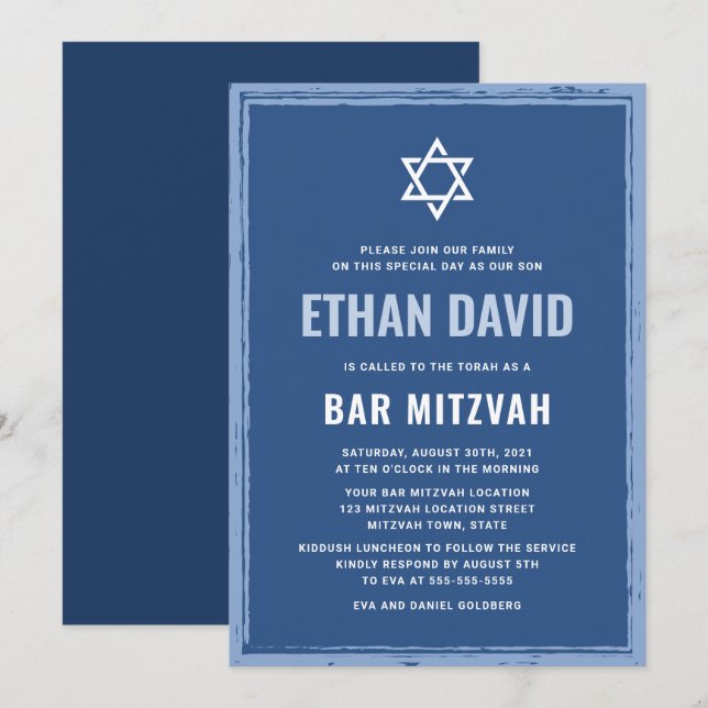 Barra azul mitzvah invitaciones con borde áspero (Anverso / Reverso)