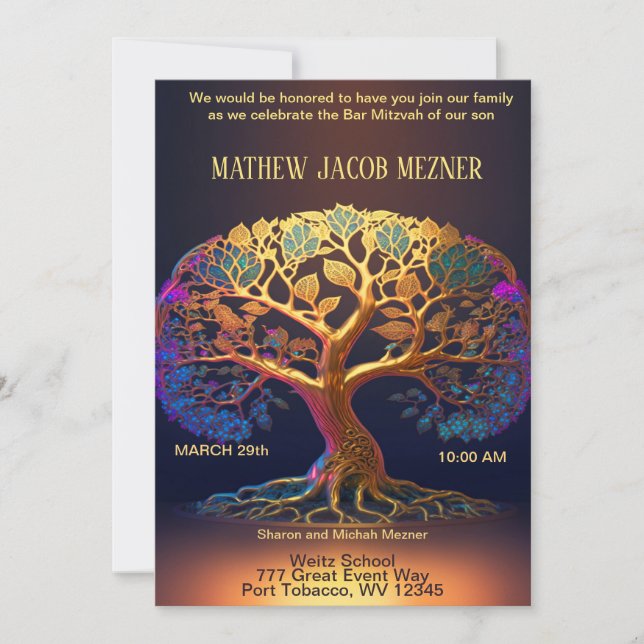 Barra de árbol de la vida Invitación Mitzvah (Anverso)