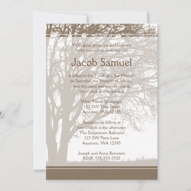 Barra de árbol marrón Mitzvah Invitaciones (Anverso)