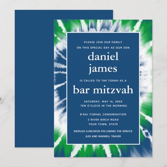 Barra de tinte azul y verde Invitación a Mitzvah (Anverso / Reverso)