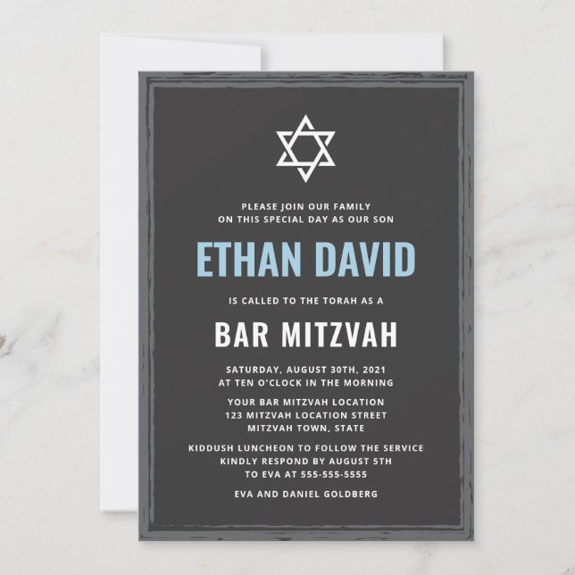 Barra gris oscuro mitzvah invitación con borde ásp (Anverso)
