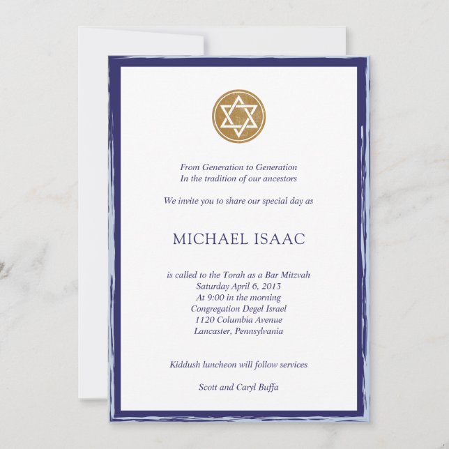 Barra Mitzvah Invitación estrella azul y dorada (Anverso)