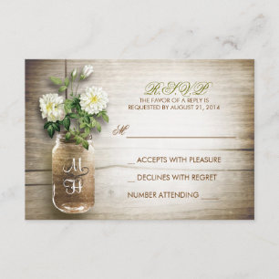 Barras de mason y flores blancas tarjetas RSVP de 