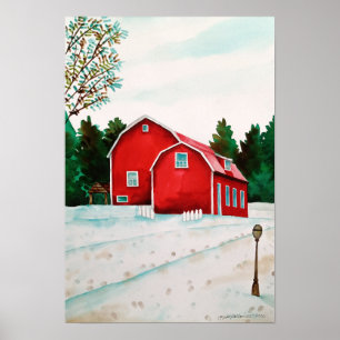 Barras rojas en nieve - Arte paisajístico acuarela