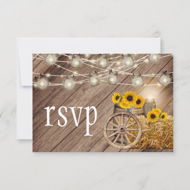 Barril de madera rústica y girasoles - RSVP (Anverso)