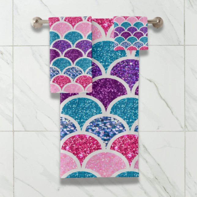 básculas de sirena morada color turquesa (aqua turquoise pink purple mermaid scales bath towel set)