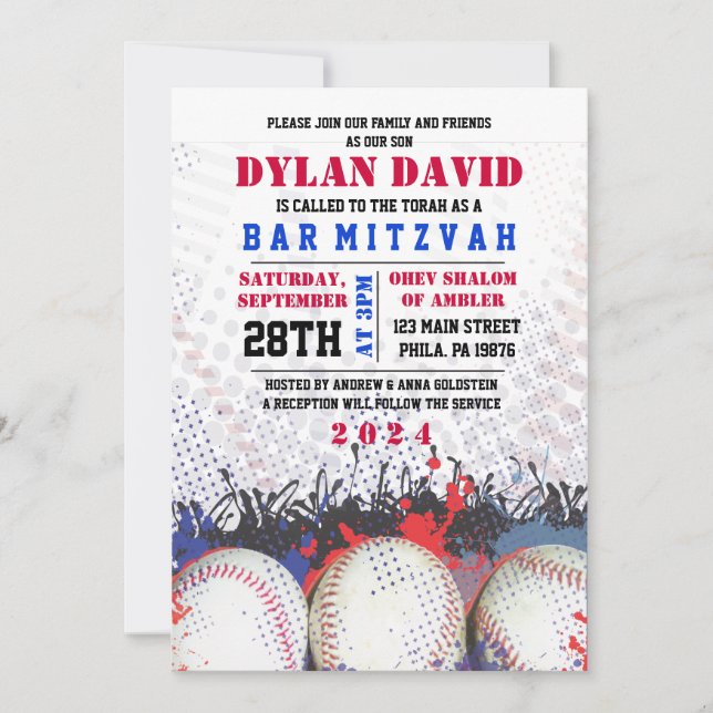 BASEBALL Splatter Bar Bat Mitzvah Invitación (Anverso)