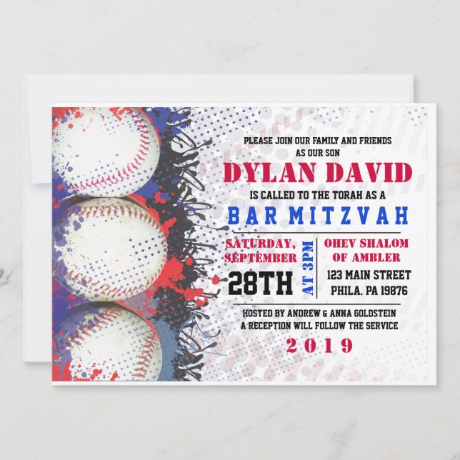 BASEBALL Splatter Bar Bat Mitzvah Invitación (Anverso)