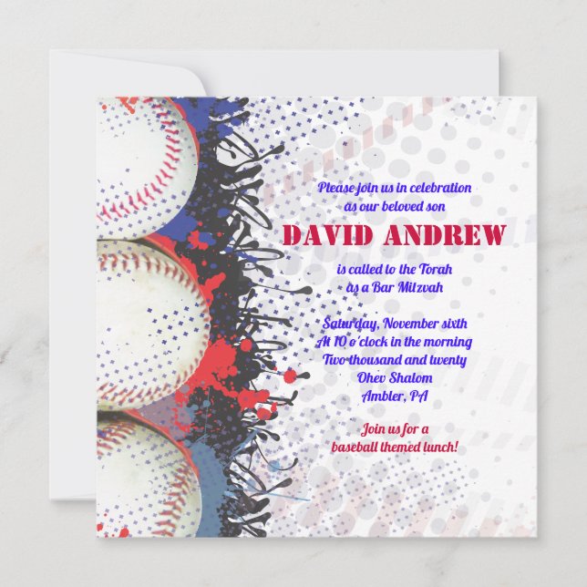 BASEBALL Splatter Bar Bat Mitzvah Invitación (Anverso)