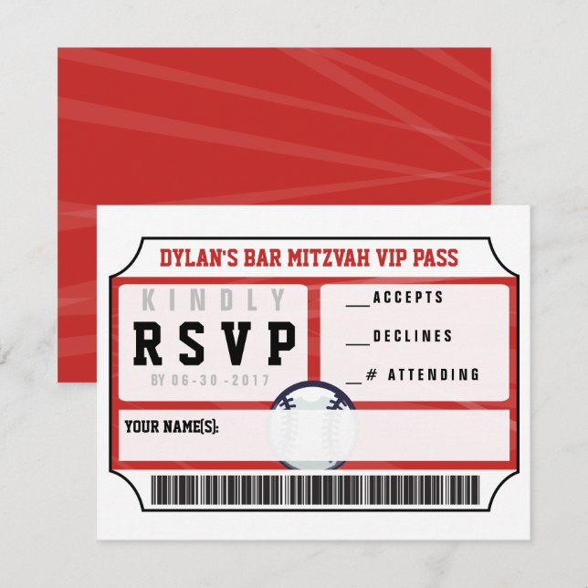 BASEBALL VIP REPLD CARD Bar Bat Mitzvah Invitación (Anverso / Reverso)