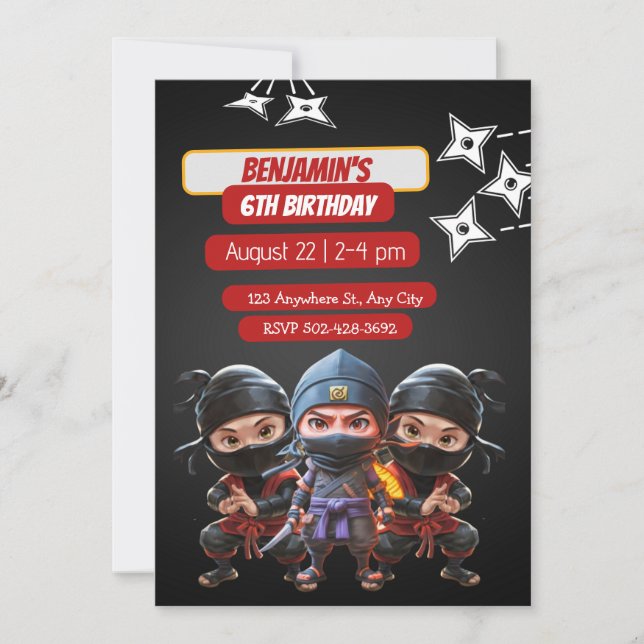 Bash de cumpleaños Ninja: invitación a fiesta dive (Anverso)